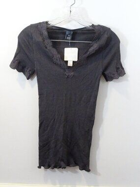 Calida Wool & Silk Short Sleeve Top Size XS Gray Lace Trim Ribbed NEW